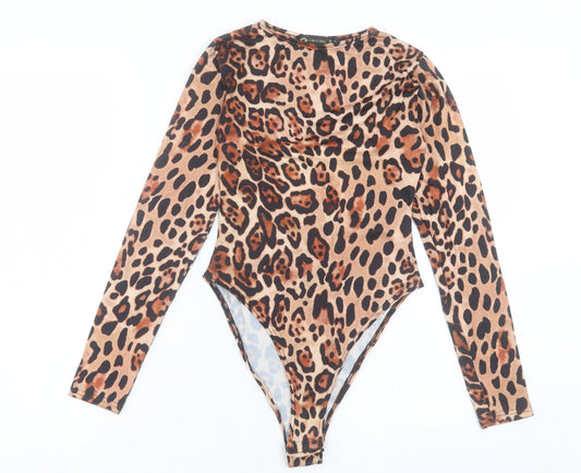 I SAW IT FIRST Womens Brown Animal Print Polyester Bodysuit One-Piece Size 6 Snap