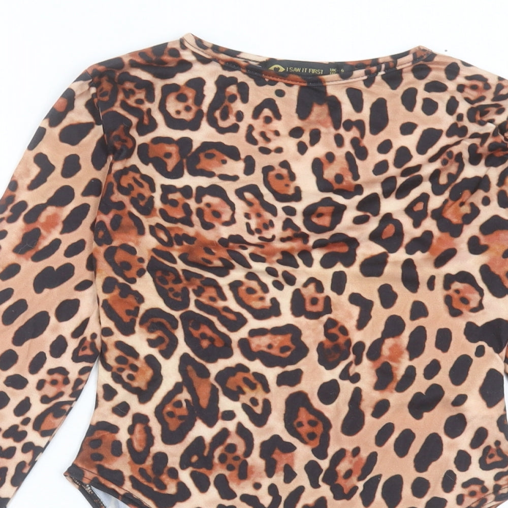 I SAW IT FIRST Womens Brown Animal Print Polyester Bodysuit One-Piece Size 6 Snap