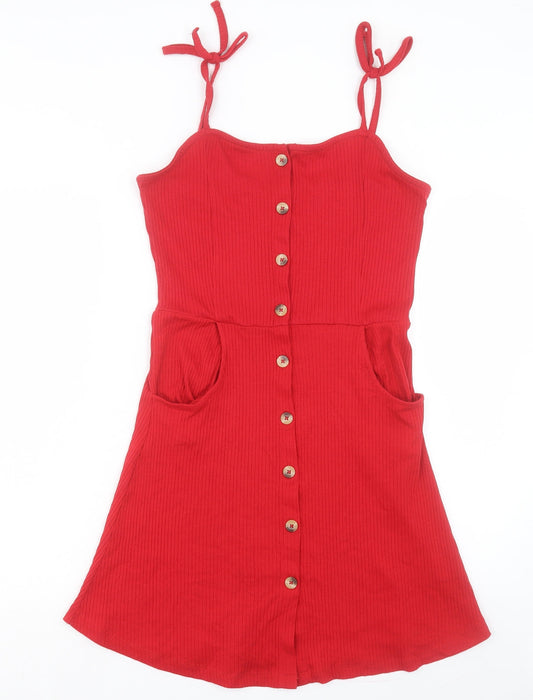 Brave Soul Womens Red Polyester A-Line Size L Square Neck Button