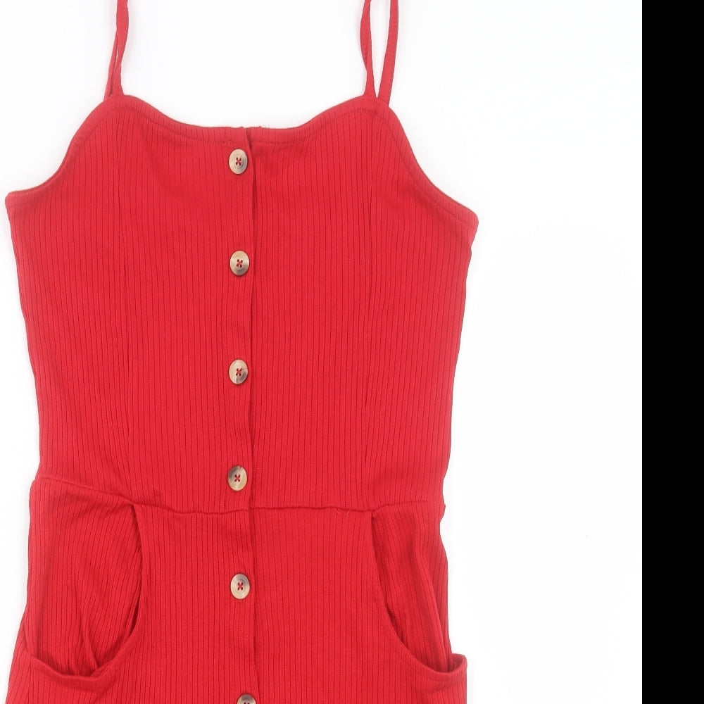 Brave Soul Womens Red Polyester A-Line Size L Square Neck Button