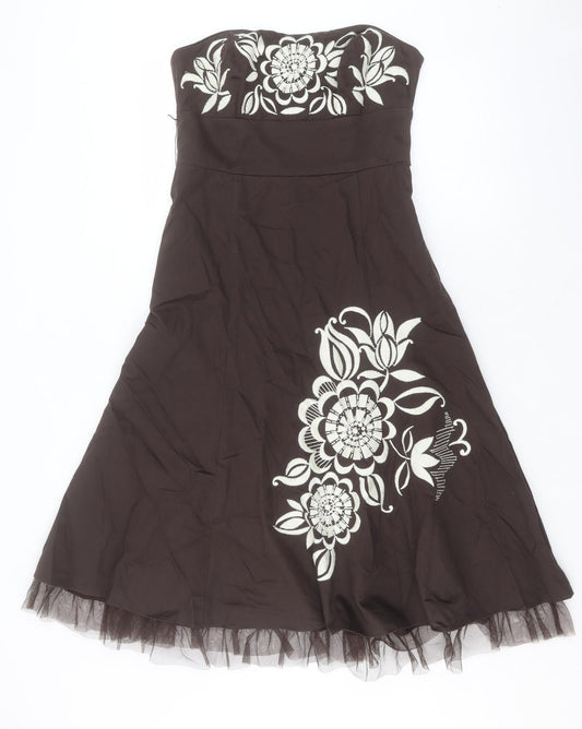 RJR.John Rocha Womens Brown Floral Cotton A-Line Size 10 Sweetheart Zip - Attachable Straps