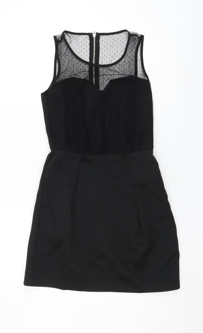 New Look Womens Black Polka Dot Polyester A-Line Size 10 Round Neck Zip