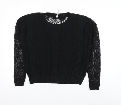 Simply Be Womens Black Round Neck Acrylic Pullover Jumper Size 12 - Lace Sleeve
