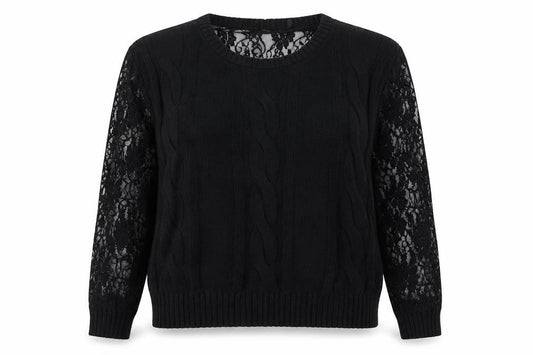 Simply Be Womens Black Round Neck Acrylic Pullover Jumper Size 12 - Lace Sleeve