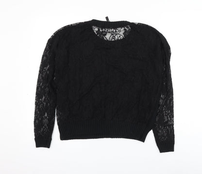 Simply Be Womens Black Round Neck Acrylic Pullover Jumper Size 12 - Lace Sleeve