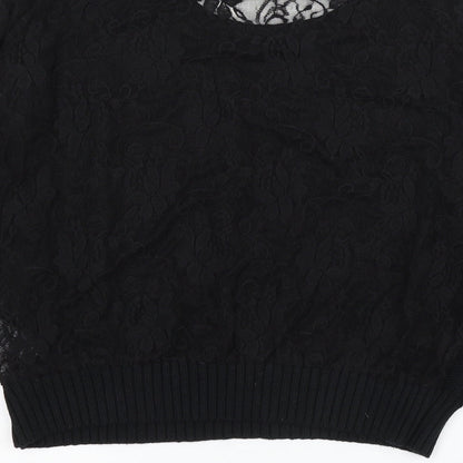Simply Be Womens Black Round Neck Acrylic Pullover Jumper Size 12 - Lace Sleeve