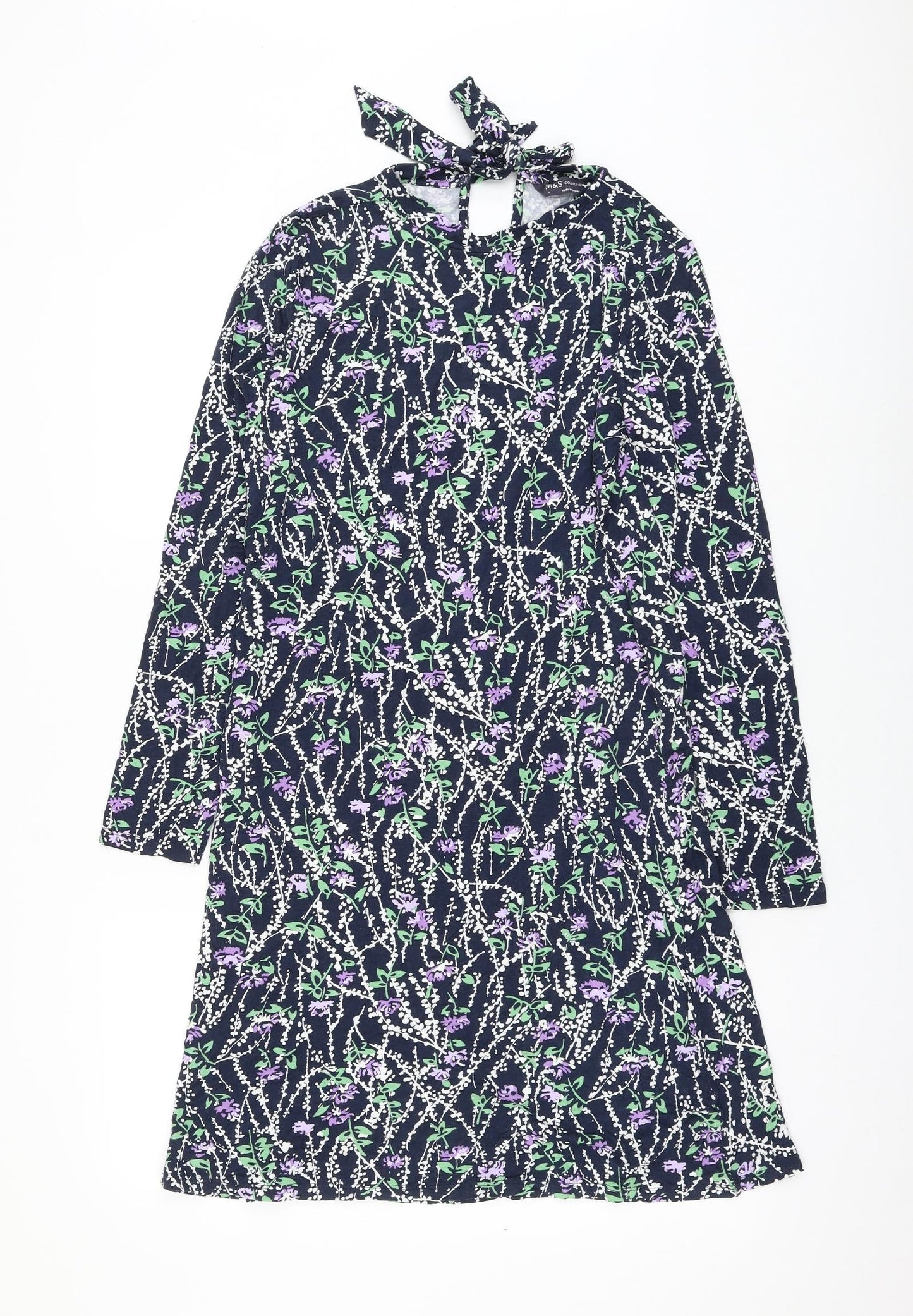 Marks and Spencer Womens Blue Floral Viscose Shift Size 8 Mock Neck Tie