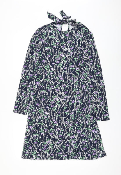 Marks and Spencer Womens Blue Floral Viscose Shift Size 8 Mock Neck Tie