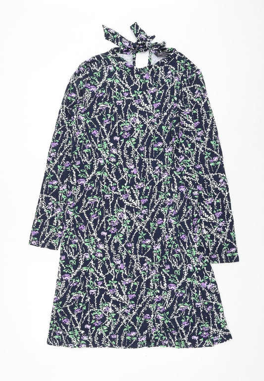 Marks and Spencer Womens Blue Floral Viscose Shift Size 8 Mock Neck Tie