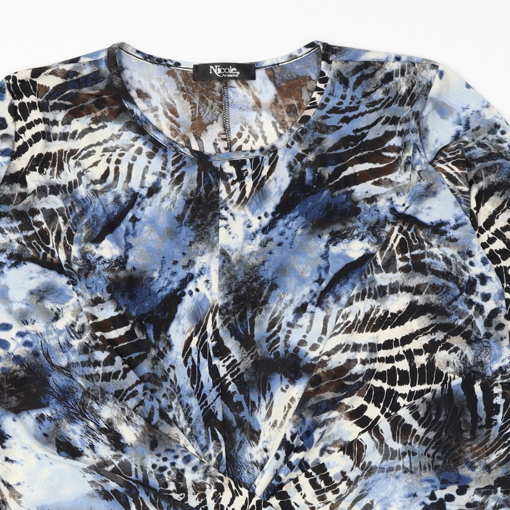 Nicole Womens Blue Geometric Polyester Basic Blouse Size M Round Neck - Knot Front