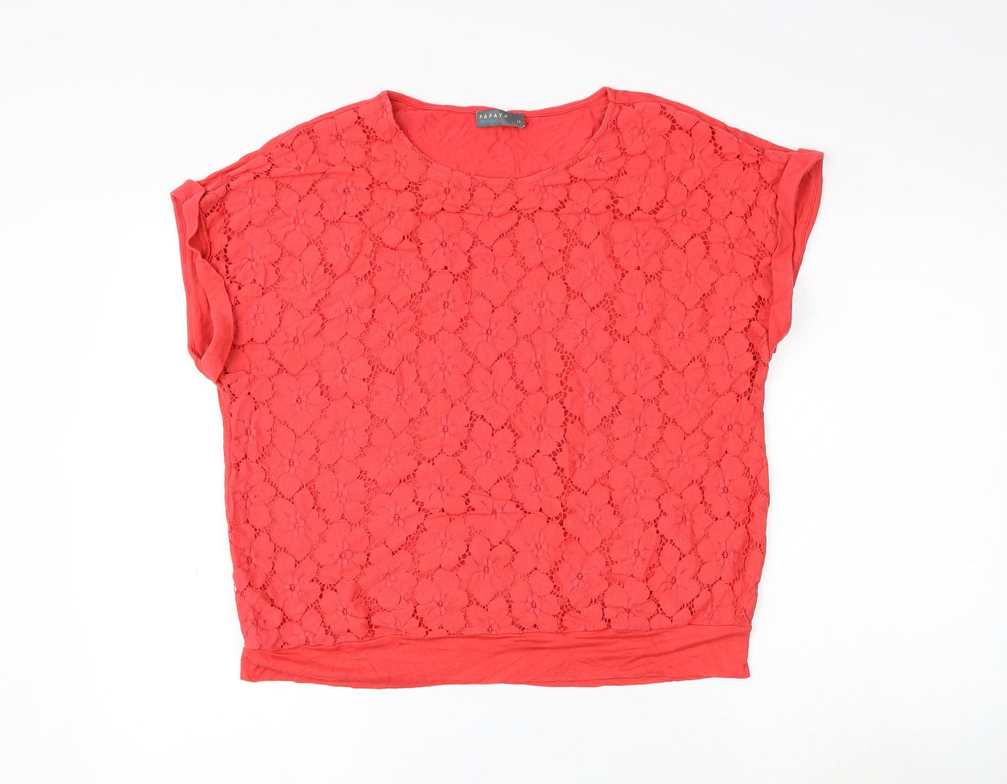 Papaya Womens Red Floral Viscose Basic Blouse Size 14 Round Neck