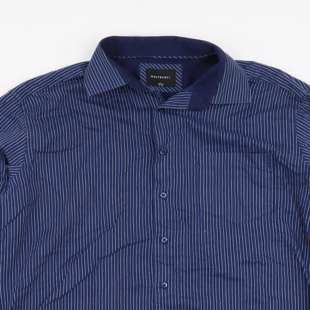Westbury Mens Blue Striped Cotton Button-Up Size L Collared Button