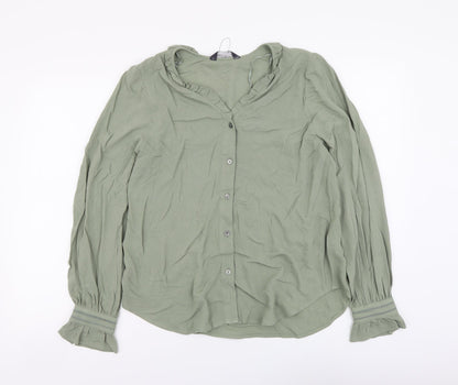Marks and Spencer Womens Green Viscose Basic Button-Up Size 8 V-Neck