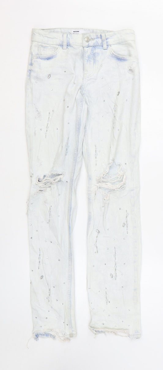 Bershka Womens Blue Cotton Straight Jeans Size 4 L31 in Regular Zip
