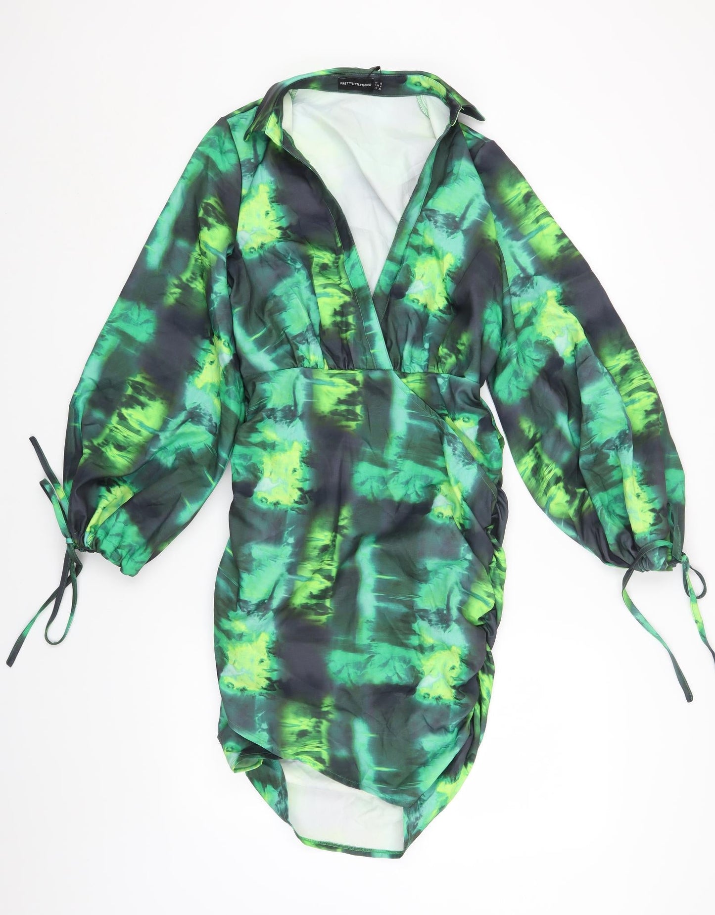 PRETTYLITTLETHING Womens Green Geometric Polyester Bodycon Size 8 Collared Zip