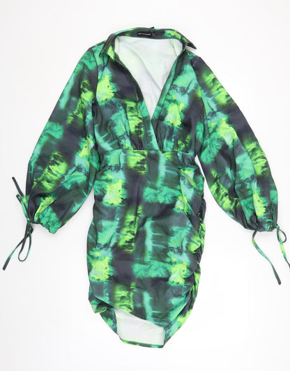 PRETTYLITTLETHING Womens Green Geometric Polyester Bodycon Size 8 Collared Zip