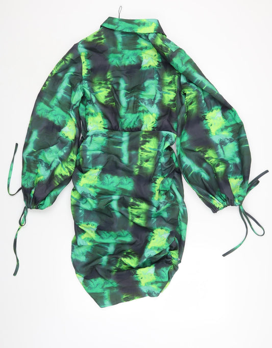 PRETTYLITTLETHING Womens Green Geometric Polyester Bodycon Size 8 Collared Zip