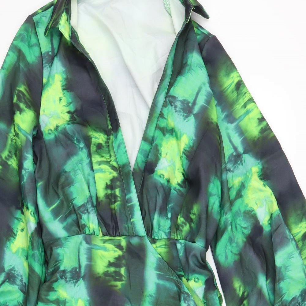 PRETTYLITTLETHING Womens Green Geometric Polyester Bodycon Size 8 Collared Zip