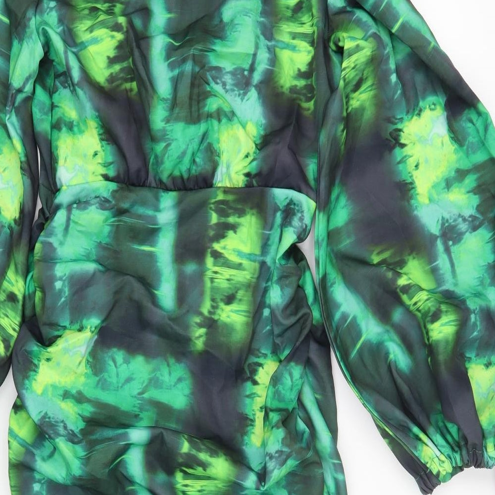 PRETTYLITTLETHING Womens Green Geometric Polyester Bodycon Size 8 Collared Zip