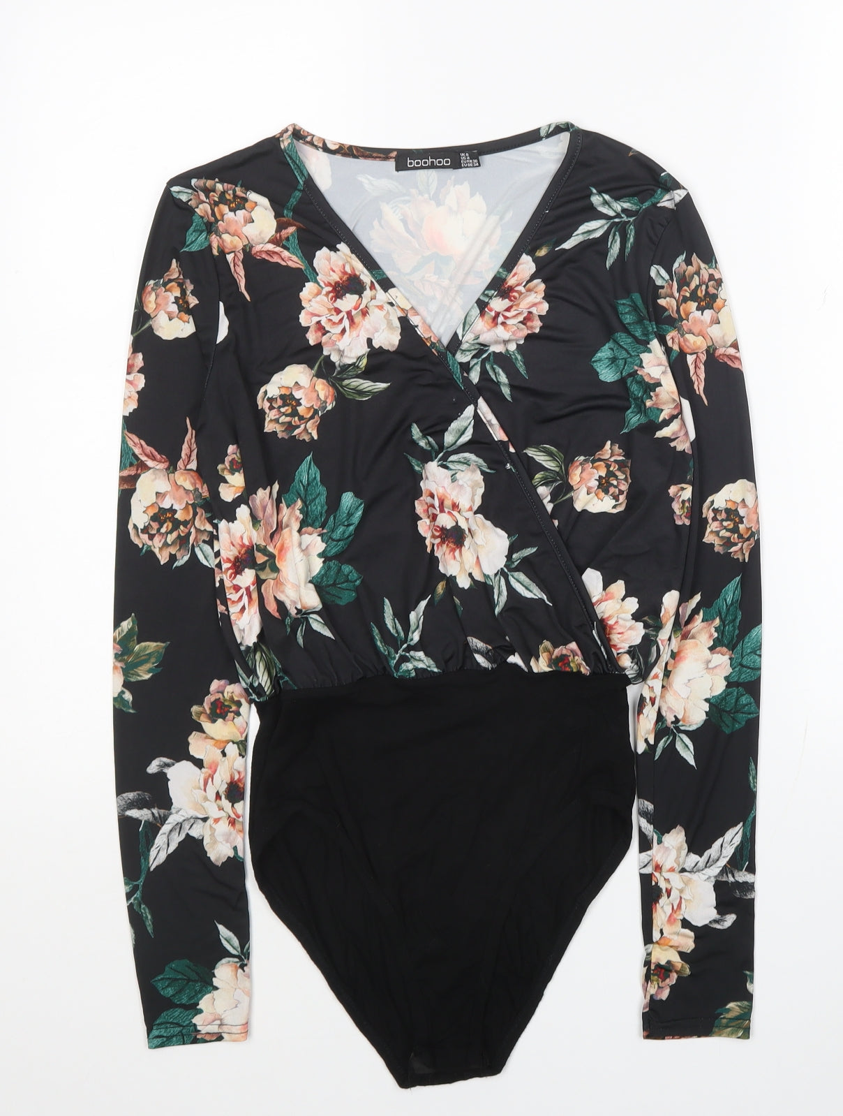 Boohoo Womens Black Floral Viscose Bodysuit One-Piece Size 8 Snap