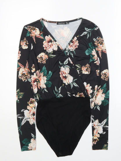 Boohoo Womens Black Floral Viscose Bodysuit One-Piece Size 8 Snap