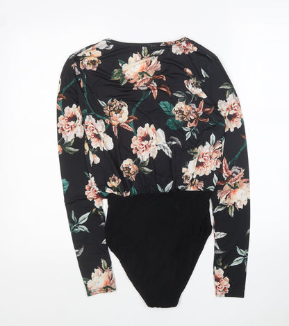 Boohoo Womens Black Floral Viscose Bodysuit One-Piece Size 8 Snap