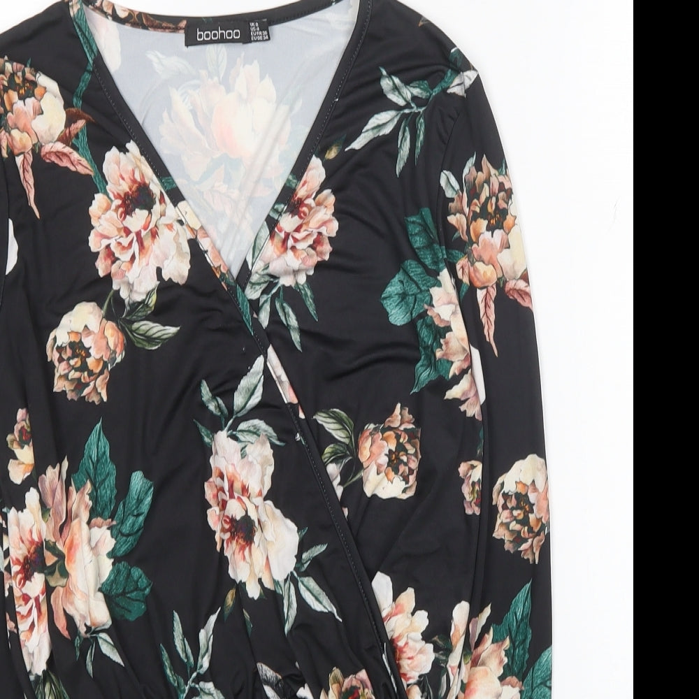 Boohoo Womens Black Floral Viscose Bodysuit One-Piece Size 8 Snap