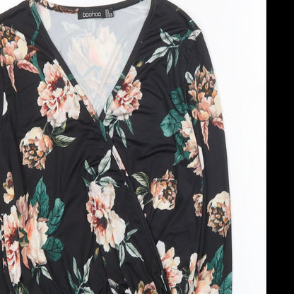 Boohoo Womens Black Floral Viscose Bodysuit One-Piece Size 8 Snap