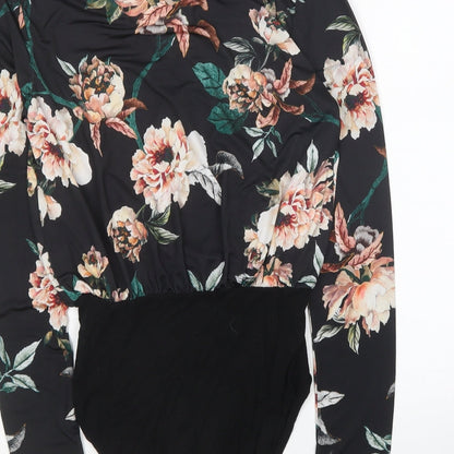 Boohoo Womens Black Floral Viscose Bodysuit One-Piece Size 8 Snap