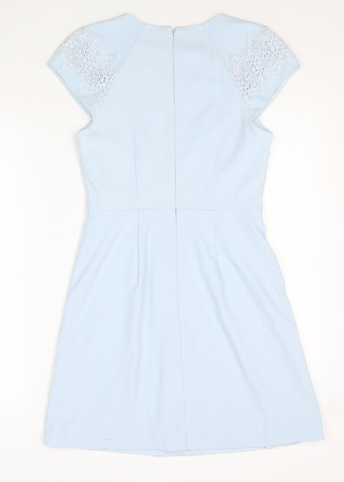 Warehouse Womens Blue Geometric Polyester A-Line Size 6 Round Neck Zip