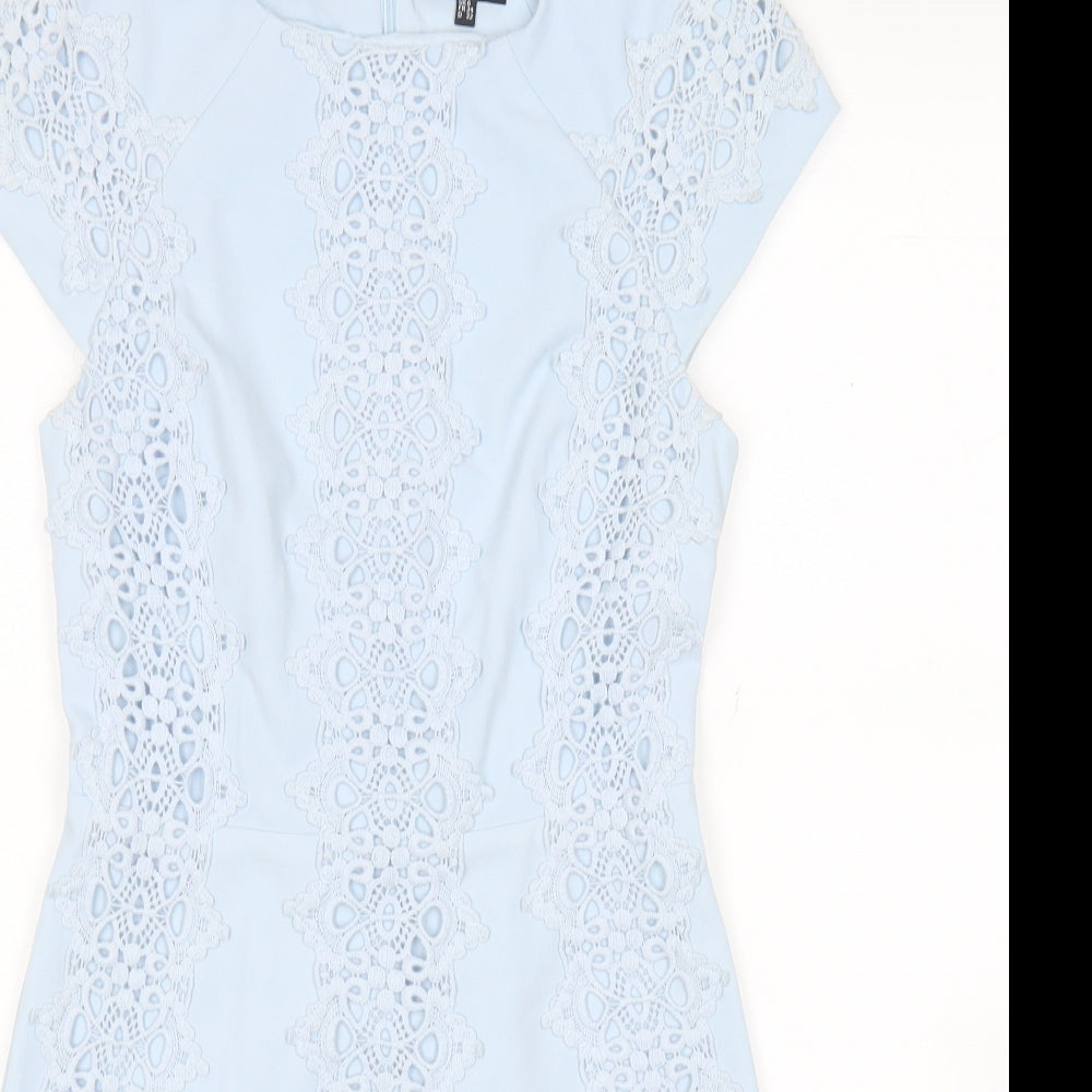 Warehouse Womens Blue Geometric Polyester A-Line Size 6 Round Neck Zip