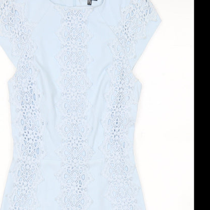 Warehouse Womens Blue Geometric Polyester A-Line Size 6 Round Neck Zip