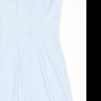 Warehouse Womens Blue Geometric Polyester A-Line Size 6 Round Neck Zip