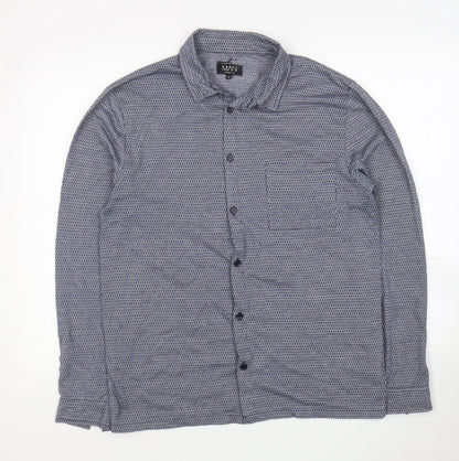 Boohoo Man Mens Blue Geometric Polyester Button-Up Size M Collared Button