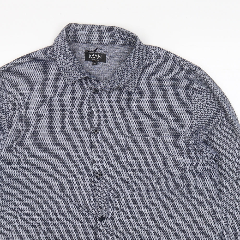 Boohoo Man Mens Blue Geometric Polyester Button-Up Size M Collared Button