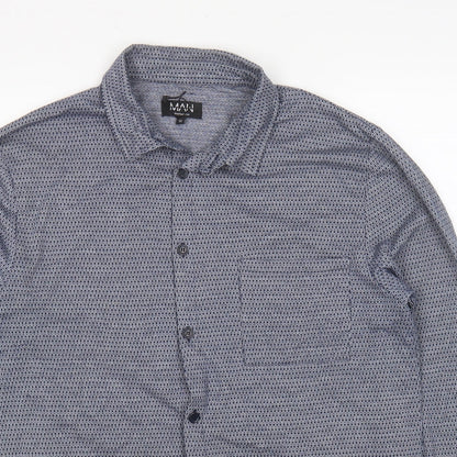Boohoo Man Mens Blue Geometric Polyester Button-Up Size M Collared Button