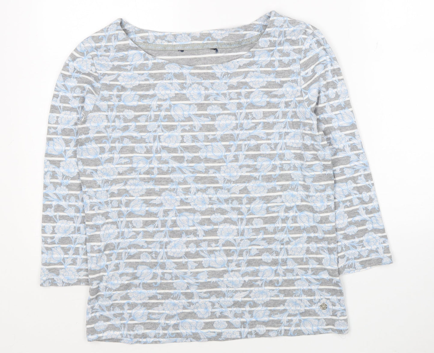 Maine Womens Grey Striped Polyester Jersey T-Shirt Size 14 Round Neck - Flower Detail