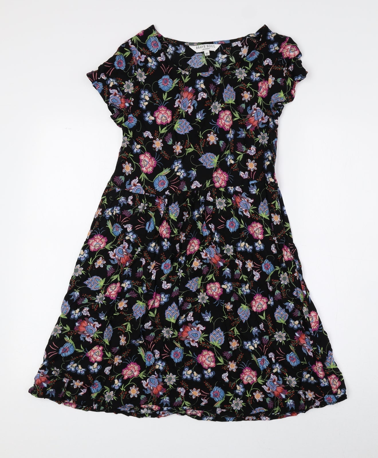 Brave Soul Womens Black Floral Viscose A-Line Size XS Round Neck Pullover