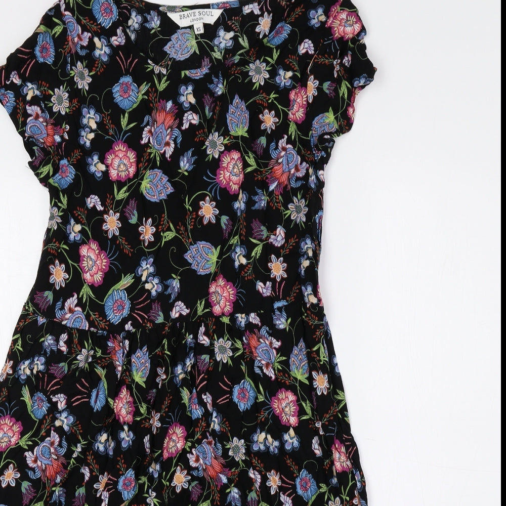 Brave Soul Womens Black Floral Viscose A-Line Size XS Round Neck Pullover