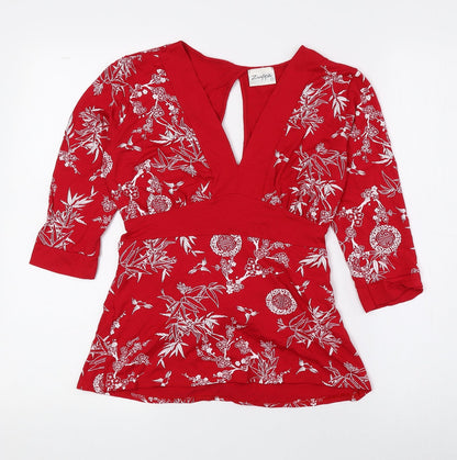 Zuppe Womens Red Floral Viscose Basic Blouse Size 10 V-Neck