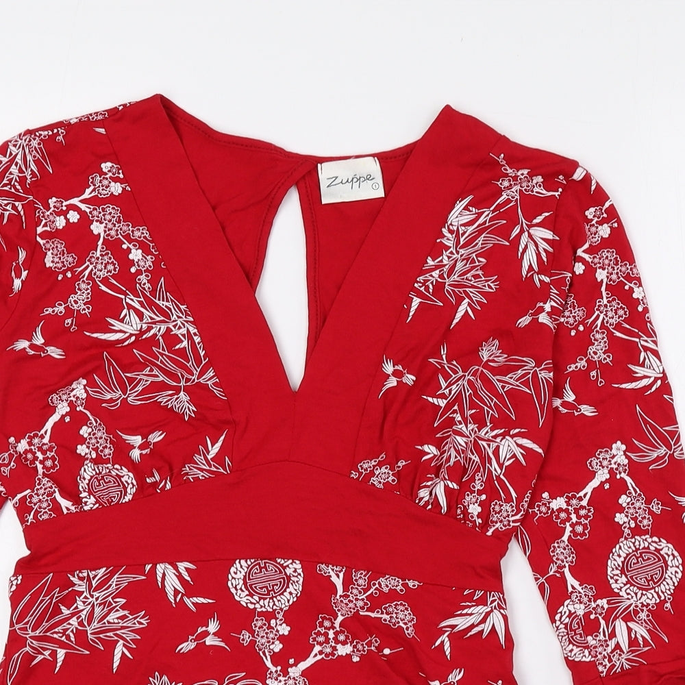 Zuppe Womens Red Floral Viscose Basic Blouse Size 10 V-Neck