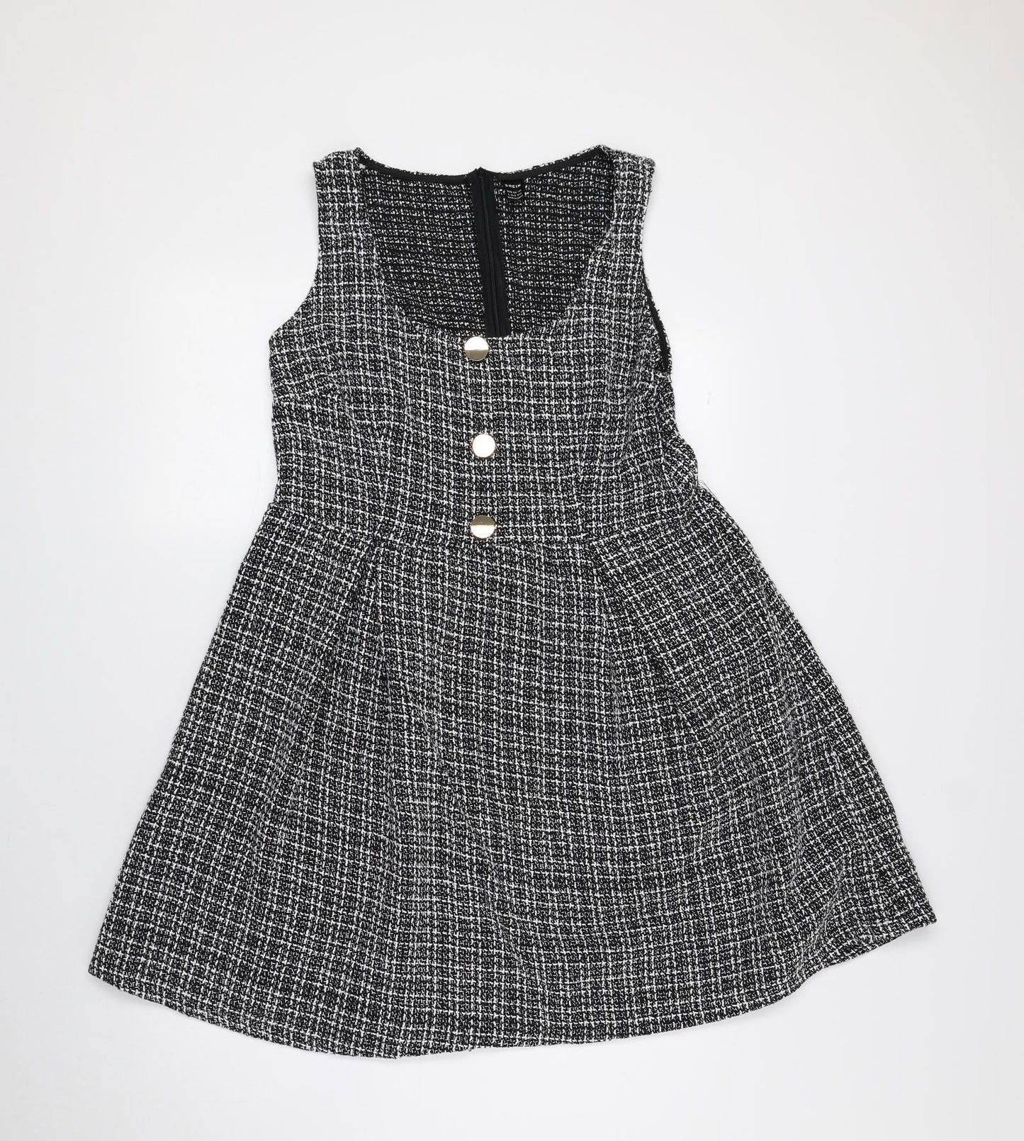 SheIn Womens Black Plaid Polyester Tank Dress Size L Scoop Neck Zip