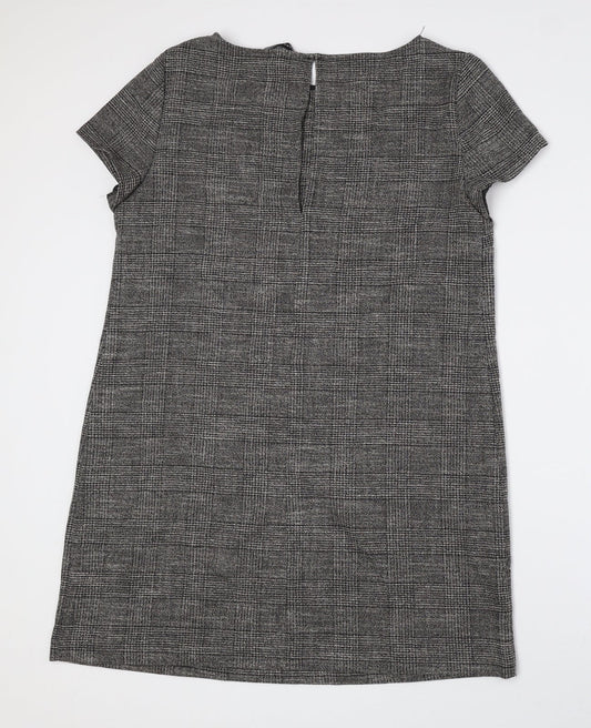Zara Womens Grey Plaid Viscose Shift Size L Boat Neck Button