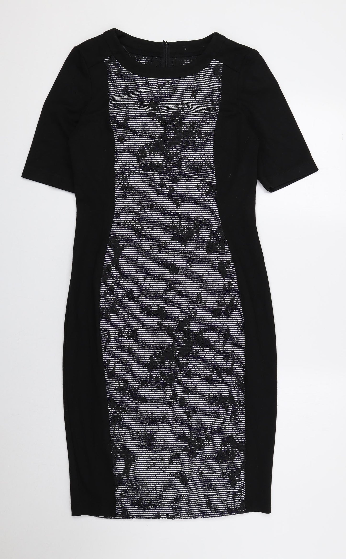 F&F Womens Black Geometric Polyester Pencil Dress Size 10 Round Neck Zip