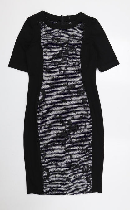 F&F Womens Black Geometric Polyester Pencil Dress Size 10 Round Neck Zip