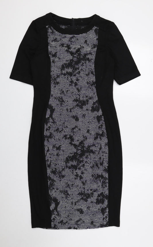 F&F Womens Black Geometric Polyester Pencil Dress Size 10 Round Neck Zip
