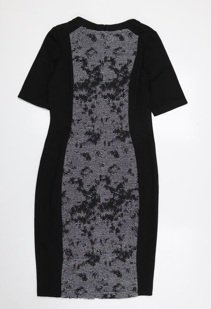 F&F Womens Black Geometric Polyester Pencil Dress Size 10 Round Neck Zip