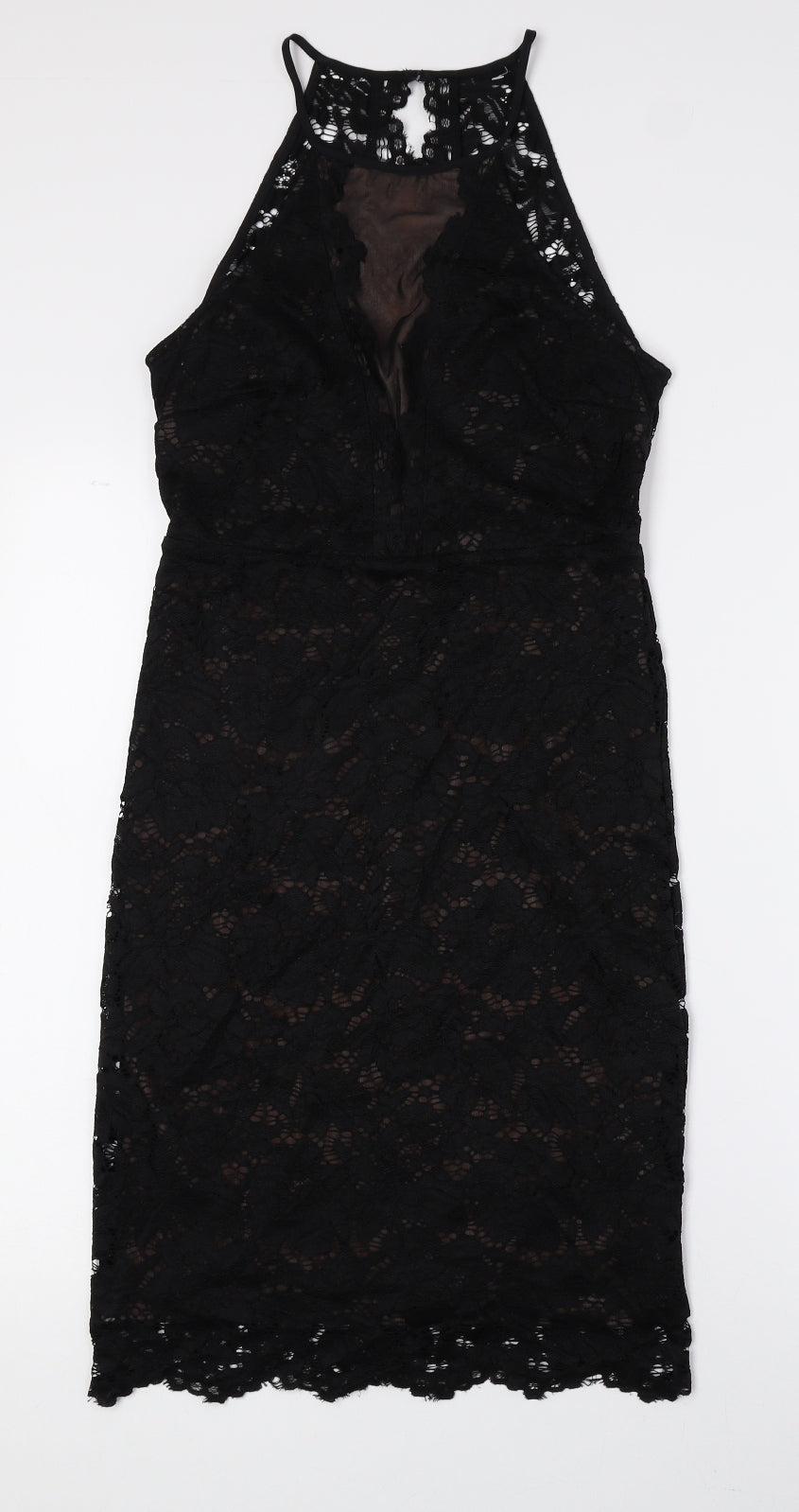 New Look Womens Black Nylon Tank Dress Size 8 Halter Button - Lace Detail