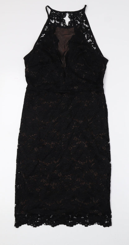 New Look Womens Black Nylon Tank Dress Size 8 Halter Button - Lace Detail