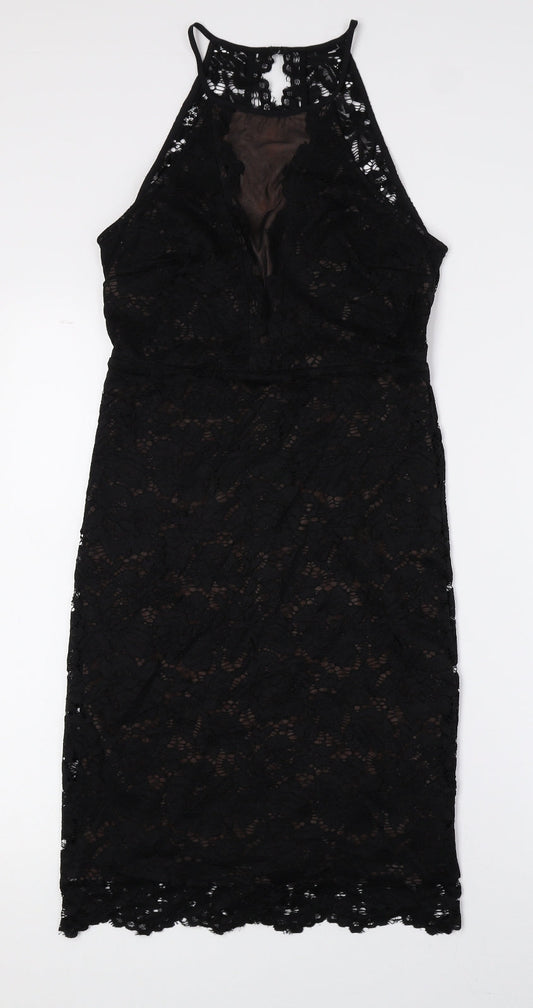 New Look Womens Black Nylon Tank Dress Size 8 Halter Button - Lace Detail